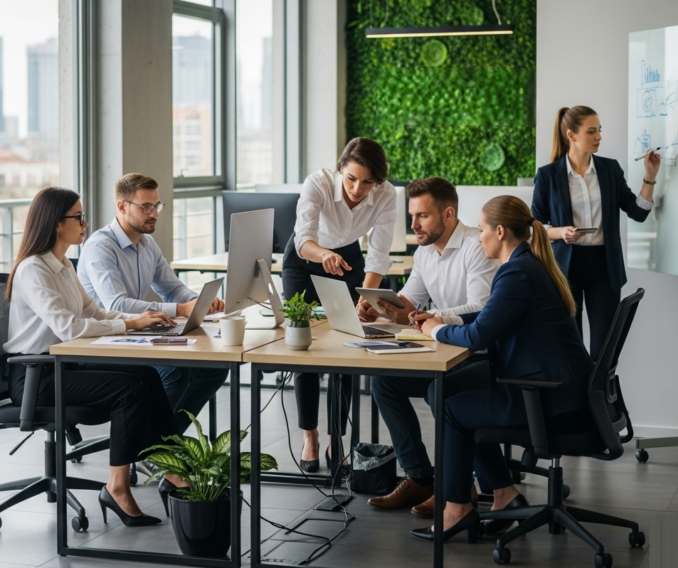 A team of professionals collaborating in an office